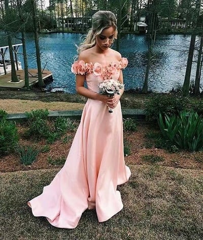 Off Shoulder Pink Prom Dresses with 3D Flowers