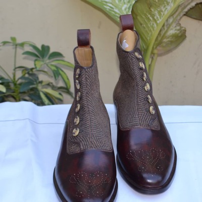 Handmade Men Brown & Tweed Leather Button Custom Balmoral Dress Boot