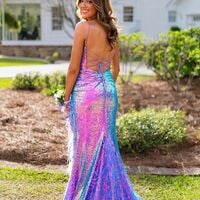 Marvelous Mermaid Spaghetti Straps Sequins Long Prom Dresses with Slit - Thumbnail 1