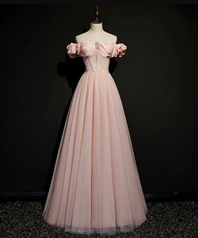 A Line Pink tulle long prom dresses