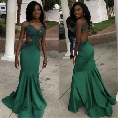 Halter Prom Dresses Green with Lace appliques