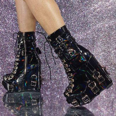 Women Pocket Metal Buckle Platform Wedge Boots Black Laser Leather Super High Heel Punk