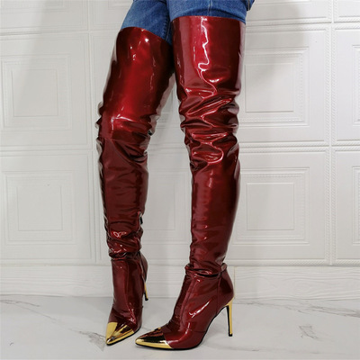 Women's Stiletto Heel Thigh High Boots in Burgundy Patent Bright Leather
