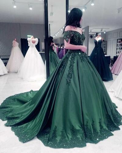 Off Shoulder Long Satin Beaded Appliques Prom Dresses