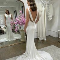 Simple Mermaid Cowl Neck Satin Wedding Dresses with Train - Thumbnail 3