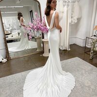 Simple Mermaid Cowl Neck Satin Wedding Dresses with Train - Thumbnail 1