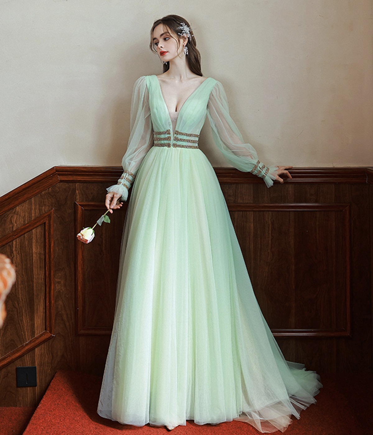 Green V-Neck Tulle Long Prom Dress, Long Sleeve Evening Dress