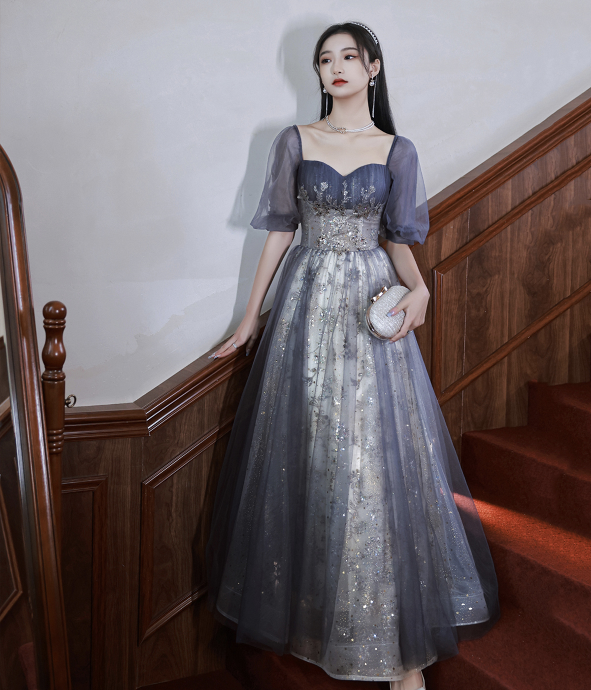 Lovely Tulle Sequins Long Prom Dress, A-Line Short Sleeve Evening Party Dress