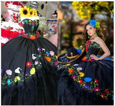 Black Mexican Style Quinceanera Dresses Charro Flowers Embroidered Lace Layers Tulle Satin prom vestidos para xv anos,1565