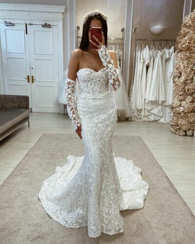 Exquisite Mermaid Sweetheart Floral Lace Wedding Dresses with Sleeves