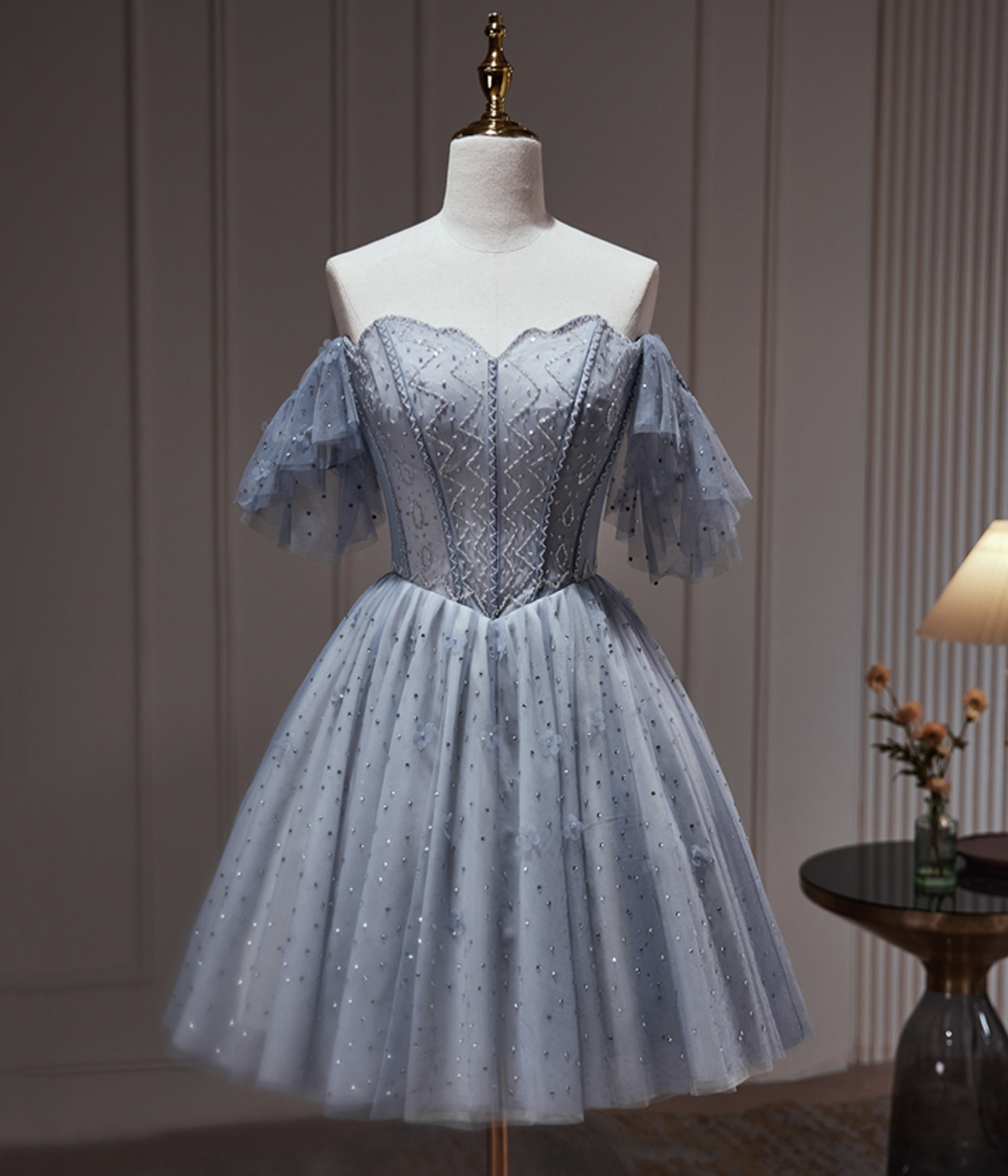 Gray Blue Tulle Beaded Short Prom Dress, Cute Sweetheart Neck Party Dress