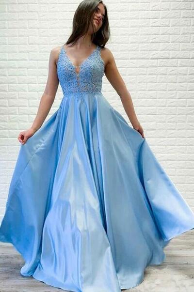 Light Blue V Neck A Line Long Satin Lace Prom Dresses