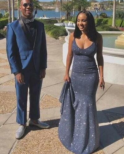 Glitter Spaghetti Straps Mermaid Long V Neck Prom Dresses