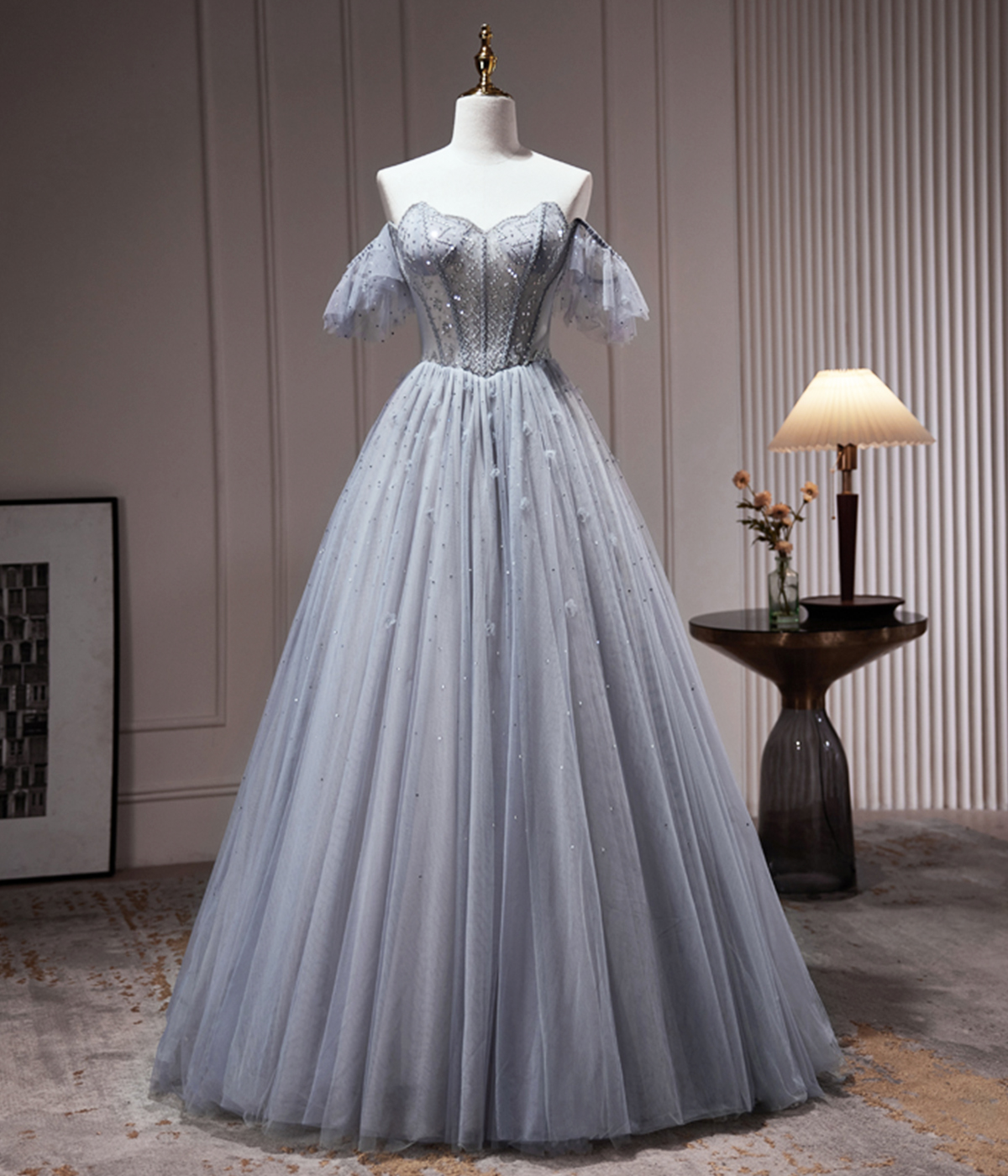 Gray Blue Tulle Beaded Long Prom Dress, Cute Sweetheart Neck Party Dress