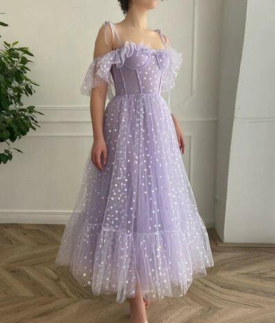 Elegant Bright Lavender Tulle Prom Dresses