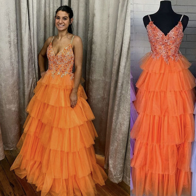 Orange Prom Dresses Spaghetti Straps Tiered
