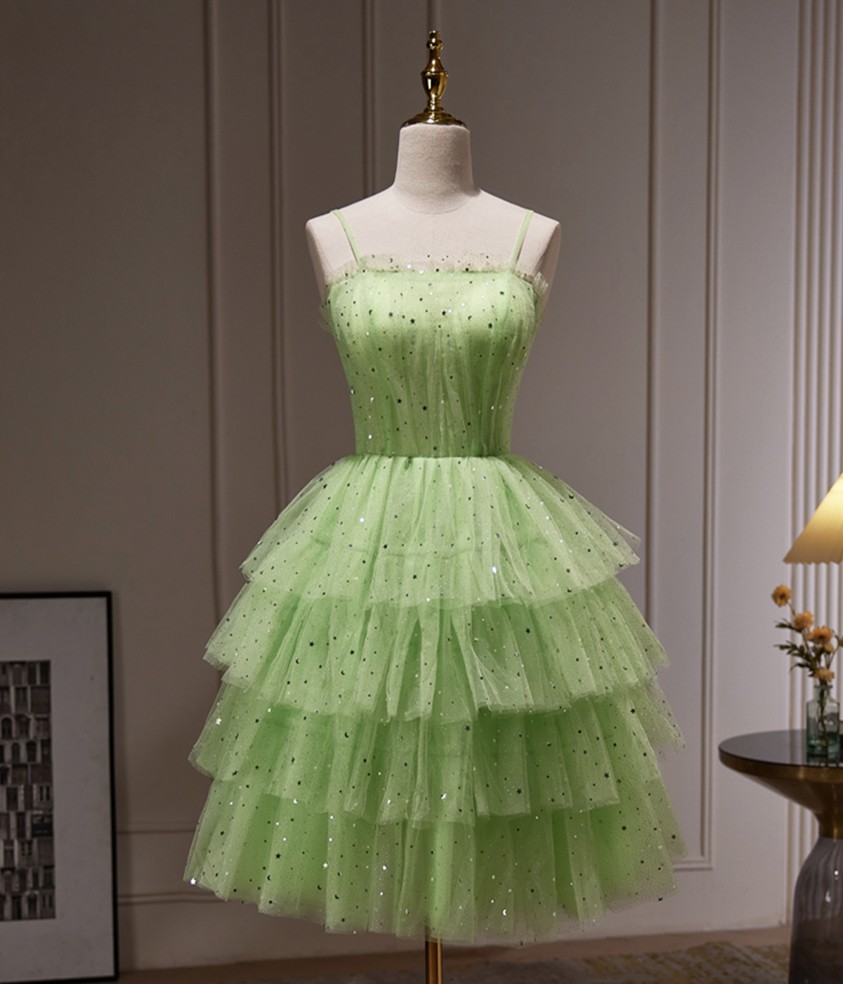 Green Tulle Straps Short Party Dress, Green Homecoming Dress Formal Dress