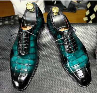 Men's Alligator Shoes, Two Tone Leather Whole Cut Handmade Lace Up Shoes