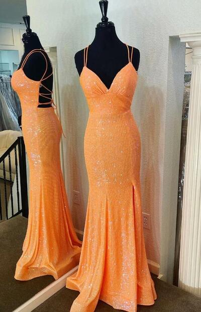 Sexy Sequin V-Neck Side Slit Long Prom Dresses