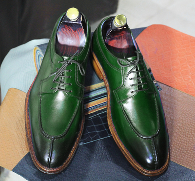 Men's Greeen Shoe, Two Tone Leather Shoe, Split Toe Oxford Shoes