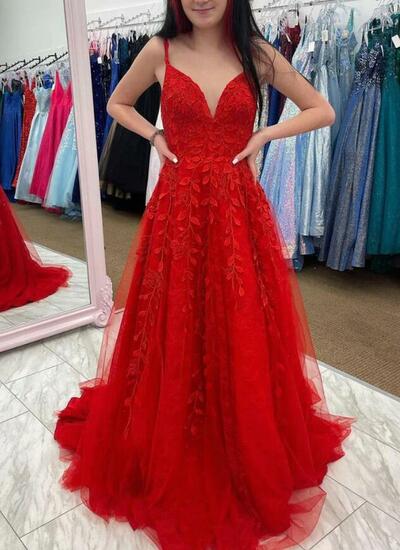 A Line V Neck Red Lace Backless Prom Dresses