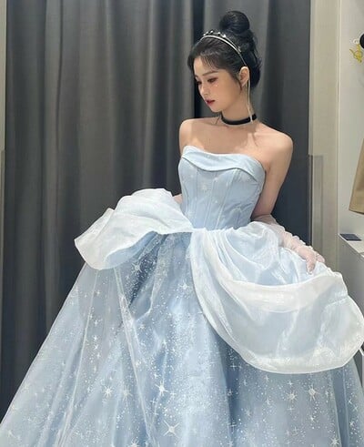 Midnight Cinderella Prom Evening Party Elegant Blue Gown Princess Fairy Puff Sleeve Tube Dress