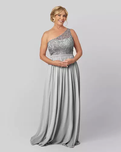 Grey Sheath One Shoulder Lace Mother of Bride and Groom Dress Evening Dress