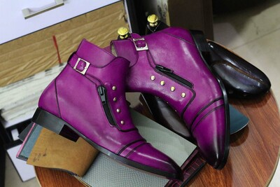 Men's Handmade Purple Boots, Dress Elegant Leather Ankle Buckle Boots