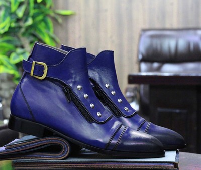 Men's Handmade Blue Leather Boots, Dress Elegant Leather Ankle Buckle Boots