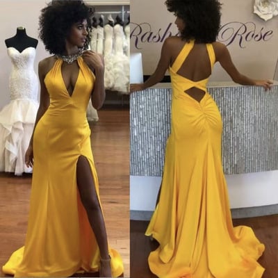 Yellow prom dresses slit side with rhinestones - Thumbnail 2
