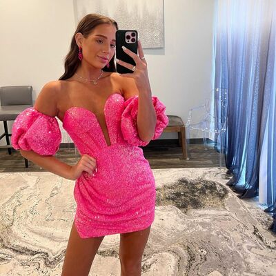 Cute A Line Sweetheart Hot Pink Sequins Short Homecoming Dress with Ruffled Sleeves