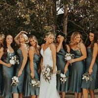 Simple Spaghetti Straps Silk Satin Tea Length Bridesmaid Dress - Thumbnail 1