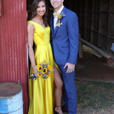 V neck prom dresses yellow slit side floor length - Thumbnail 1