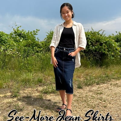 TINSLEY FRAYED & DISTRESSED DARK INDIGO MID LENGTH DENIM SKIRT