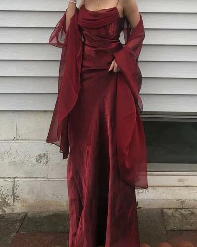 Spaghetti Straps Burgundy Long Prom Dresses