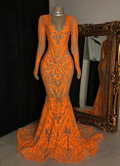 Sparkly elegant mermaid orange glitter prom dresses