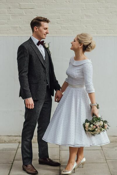 Simple Polka Dots Tea-length Wedding Dress Bridal Dress