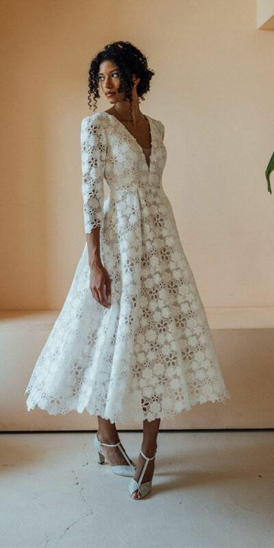 Simple LaceTea-length Wedding Dress Bridal Dress