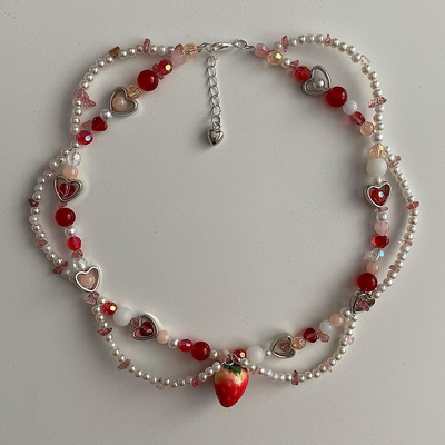 Strawberry Pearls Beaded Y2K Necklace Choker
