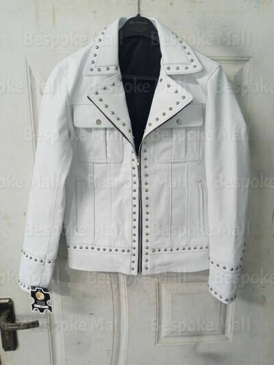 New Men's Stylish Punk Silver Studded Belted Cowhide Biker Leather Jacket