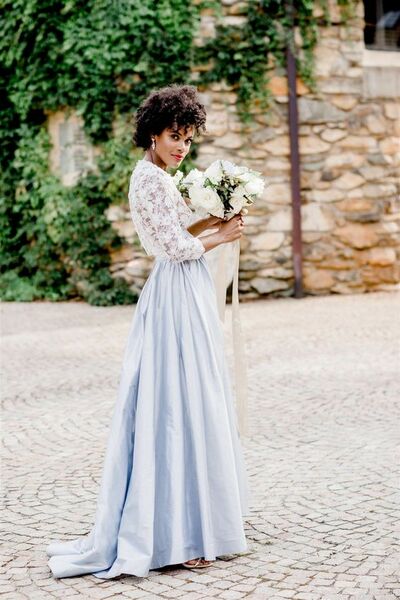 Simple Two Pieces White and Blue Lace Beach Boho Wedding Dress Bridal Dress