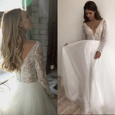 V Neck Wedding Dresses Bridal Gown with Sleeves