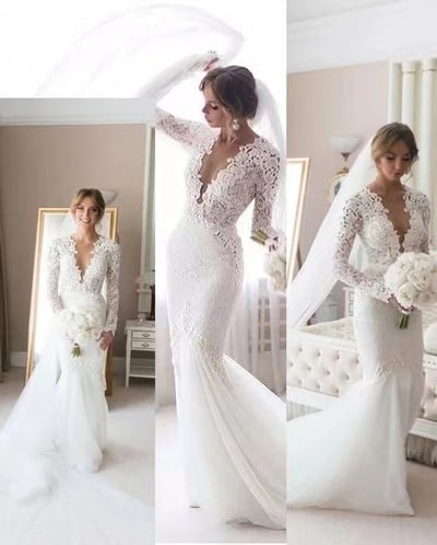 V Neck Wedding Dresses Bridal Gown with Sleeves