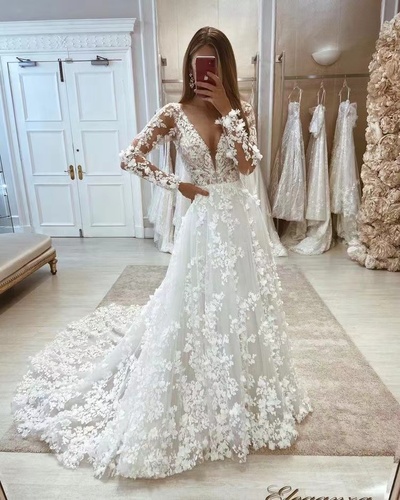 V Neck Bridal Gown Wedding Dresses with Sleeves 3D Flowers