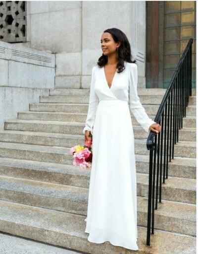 Simple A Line Deep V Neck Long Sleeve Wedding Dress Bridal Dress