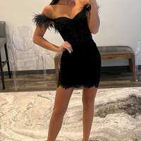 Black Feather Off-Shoulder Beaded Bodycon Homecoming Dress - Thumbnail 2