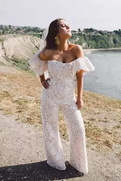 Simple Sheath Lace Off the Shoulder Beach Wedding Jumpsuit Bridal Jumpsuit with Shawl
