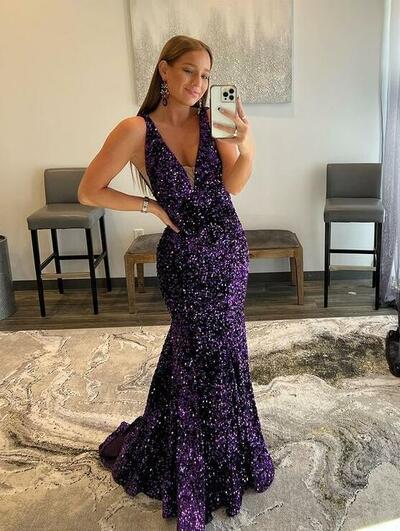 Mermaid Purple Deep V Neck Sequins Long Prom Dresses