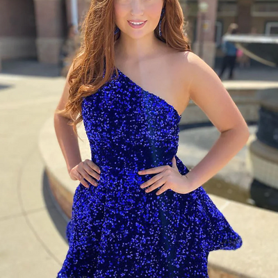 Cute royal blue one shoulder a line sequins short homecoming dresses with pockets - Thumbnail 1