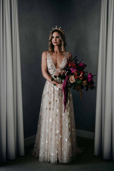 Light Champagne Sexy Deep V Neck Stars Sequins Beach Boho Wedding Dress Bridal Dress